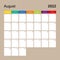 Ð¡alendar page for August 2022, wall planner with colorful design. Week starts on Monday