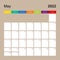 Ð¡alendar page for May 2022, wall planner with colorful design. Week starts on Monday