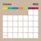 Ð¡alendar page for October 2022, wall planner with colorful design. Week starts on Monday