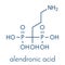 Alendronic acid alendronate, bisphosphonate class osteoporosis drug molecule. Skeletal formula.