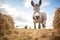 alert donkey standing by a hay bale on a farm