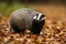 Alert european badger with small head and big fluffy fur walking in the forest