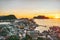 Alesund city in Norway sunset aerial view