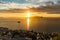 Alesund, Norway. Aerial view of Alesund, Norway at sunrise. Colorful sky over famous tourisitc destination with sunlight and