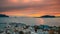 Alesund, Norway. Amazing Natural Bright Dramatic Sky In Warm Colours Above Alesund Valderoya And Islands In Sunset Time