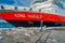 ALESUND, NORWAY - APRIL 04, 2018: Outdoor view of Hurtigruten coastal vessel KONG HARALD, is a daily passenger and