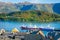 Alesund Sea port with ships at peaceful dawn, Norway, Scandinavia