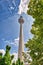 Alexanderplatz Tower in Berlin through tree leaves