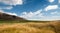 Alfalfa hayfield and wheat field under cumulus clouds in Wyoming