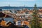 Alfama cityscape aerial panorama on 25th april bridge, Lisbon Portugal