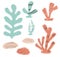 Algae, corals and rocks hand drawn print. Sea plant silhouette.