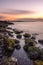 Algae covered rocks getting slowly revealed as the tide goes out during sunset