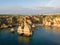 Algarve aerial drone panoramic view. Amazing landscape at sunrise. Beautiful beach near Lagos, Algarve region, Portugal.  Seascape