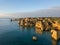 Algarve aerial drone panoramic view. Amazing landscape at sunrise. Beautiful beach near Lagos, Algarve region, Portugal.  Seascape