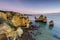 Algarve aerial drone panoramic view. Amazing landscape at sunrise. Beautiful beach near Lagos, Algarve region, Portugal.  Seascape