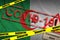 Algeria flag and Covid-19 quarantine yellow tape with red stamp. Coronavirus or 2019-nCov virus