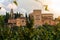 The alhambra behind the vegetation. Beautiful Arab fortress in Granada, Spain