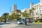ALICANTE, SPAIN - NOVEMBER 30, 2019: Alicante Explanada de Espana with Casa Carbonell building and spanish flag