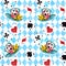 Alice in Wonderland cute bunny and Cheshire cat watercolor objects set seamless pattern