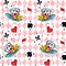 Alice in Wonderland cute bunny and Cheshire cat watercolor objects set seamless pattern