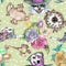 Alice in Wonderland cute bunny and Cheshire cat watercolor objects set seamless pattern