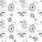 Alice in Wonderland cute clock and Cheshire cat  monochrome sketch objects set seamless pattern