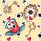 Alice in Wonderland cute watercolor objects set seamless pattern