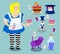 Alice in Wonderland icon set. Fat woman and Cheshire cat. Rabbit