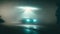 alien abduction concept, flying UFO saucer over car at foggy night road with wide beam of light, neural network