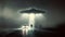 alien abduction concept, flying UFO saucer over car and human silhouettes at foggy night road, neural network generated