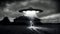 alien abduction concept, flying UFO saucer over countryside house and three people silhouettes at stormy night, neural