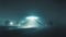 alien abduction concept, flying UFO saucer over foggy night countryside road with wide beam of light, neural network