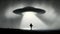 alien abduction concept, flying UFO saucer over toddler boy on the ground near house, neural network generated art