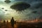 Alien Arrival Concept. UFO in a City Dark Sky extreme closeup. Generative AI