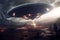 Alien Arrival Concept. UFO in a City Dark Sky extreme closeup. Generative AI