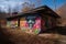 alien artist spray-painting colorful mural on abandoned building
