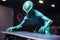alien athlete performing high-profile trick on skateboard during competition