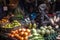alien, with basket full of exotic fruits and vegetables, shopping in bustling market