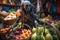 alien, with basket full of exotic fruits and vegetables, shopping in bustling market