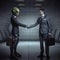 Alien and Businessman human shaking hands and making a deal. Created with Generative AI technology.