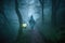 alien carrying lantern through misty forest, on pilgrimage to sacred site