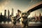 Alien cats landing and invading new york city planet earth illustration generative ai