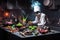 alien chef cooking gourmet feast with fresh ingredients on futuristic plate