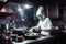 alien chef, cooking gourmet meal in restaurant kitchen