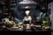alien chef cooking up unique and delicious culinary creations in a bustling kitchen