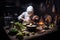 alien chef preparing traditional holiday dish, with ingredients sourced from new world