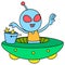 Alien child flying aboard a UFO plane across space, doodle icon image