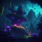 Alien Dark Rainforest With Glowing Neon Lights Plants And Flowers Fantasy Structure Night Generative Ai