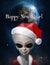 Alien dressed as Santa Claus against the starry sky. Postcard. 3 d.