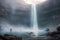 alien examining magnificent waterfall, with mist swirling around its base